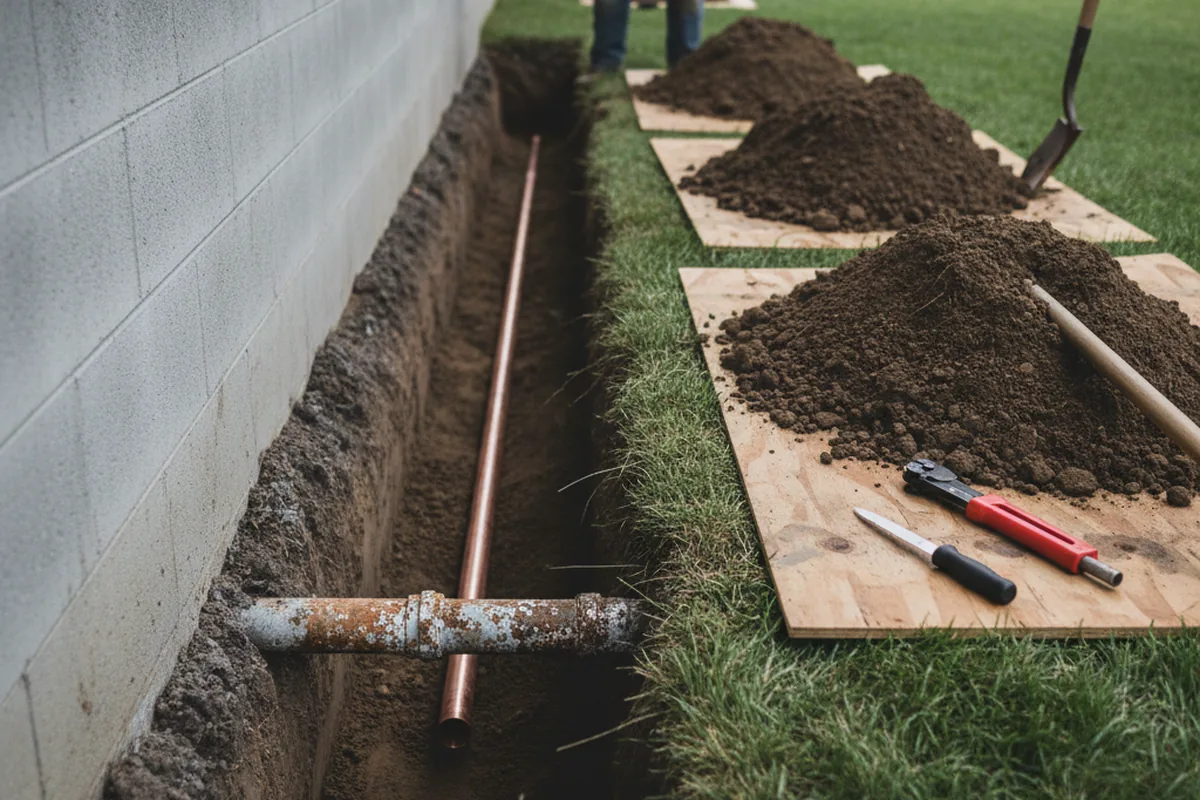 Excavated water line trench during Sewer Line Repair in Granite Quarry
